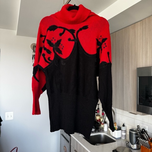 Vintage Sweaters - Vintage 80s Floral Embroidered Turtleneck Sweater | Ramie Cotton | Red Black